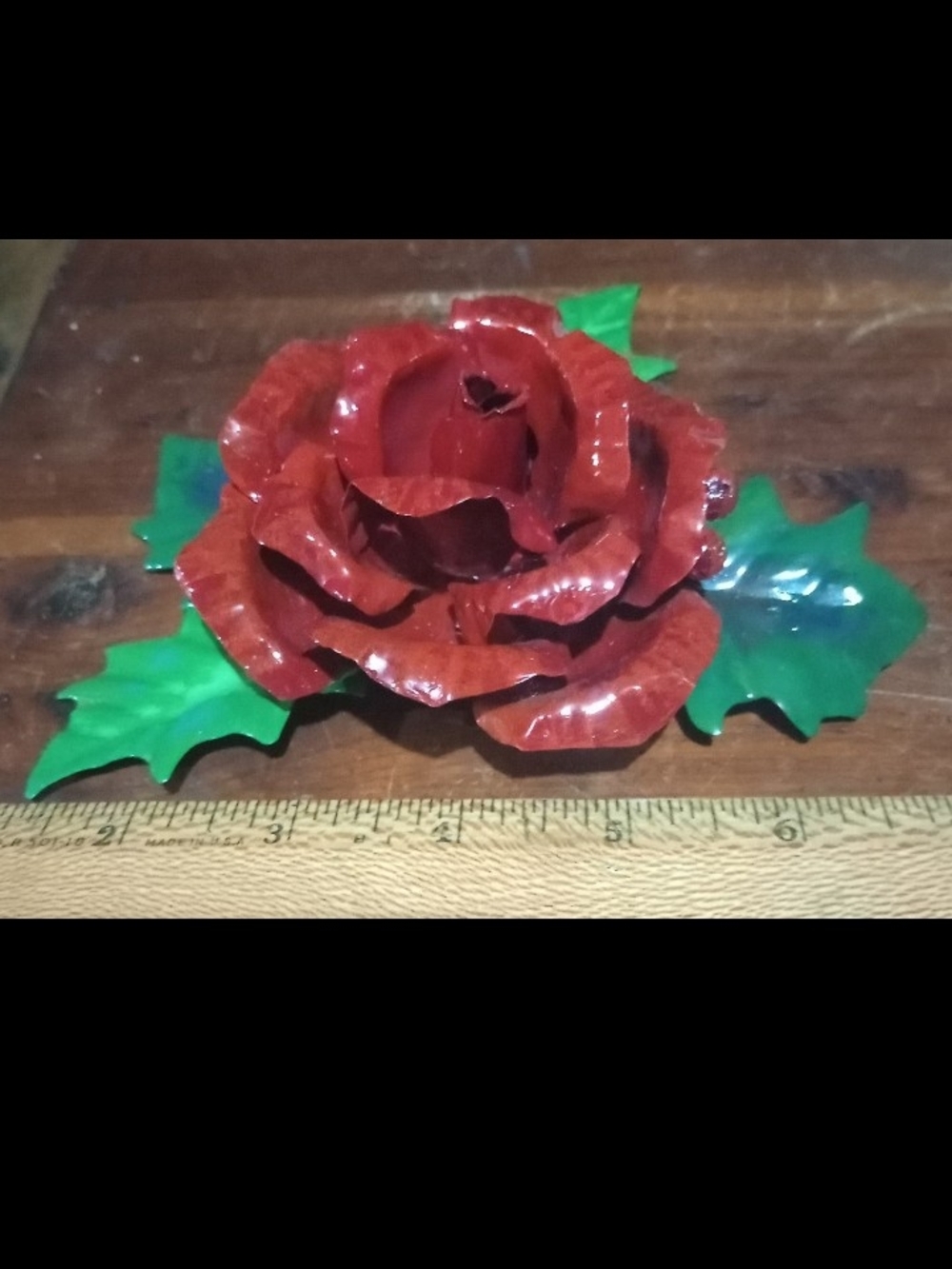 Handcrafted Metal Red Rose With Green Leaves Clip Ornament